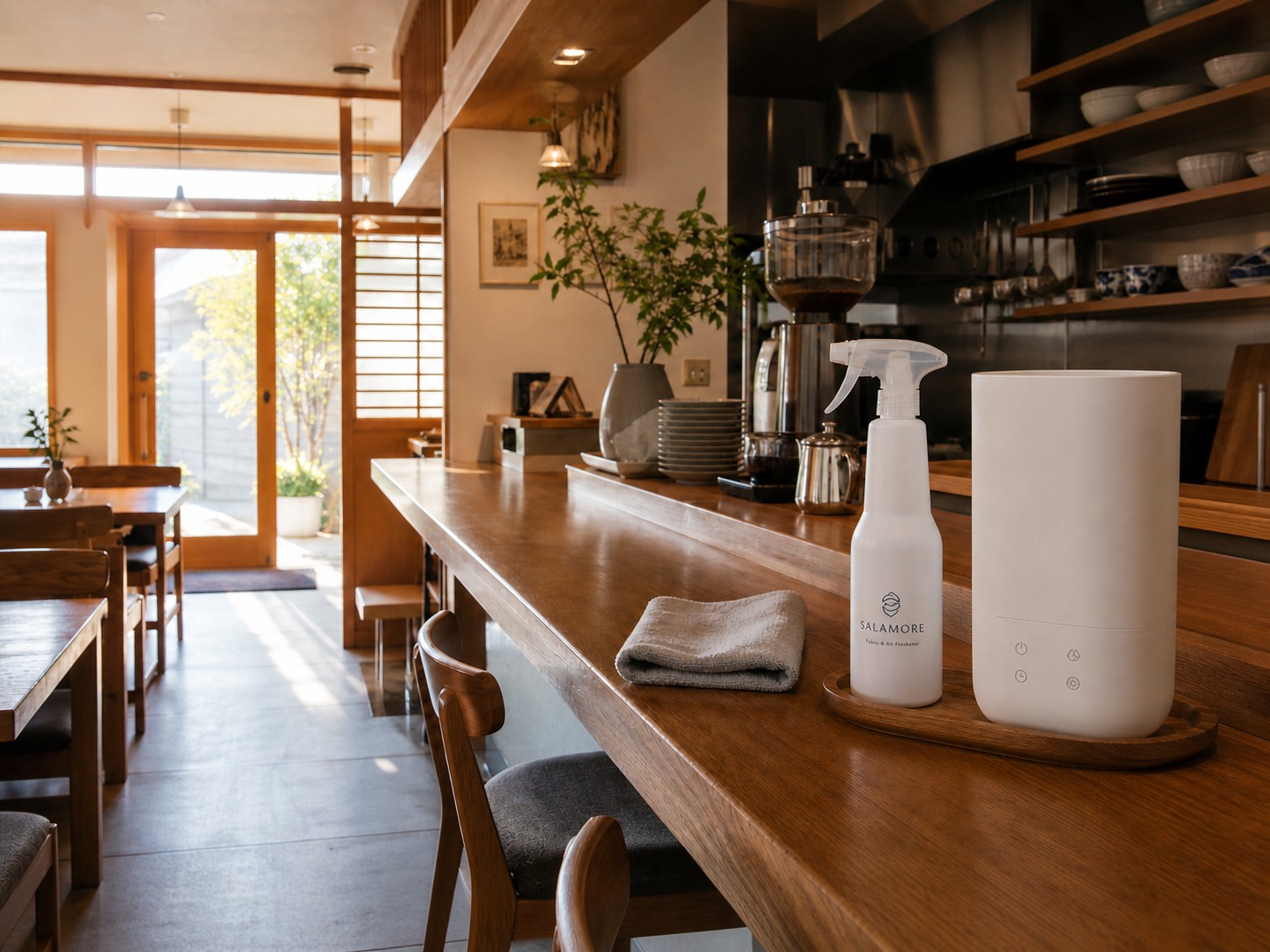 飲食店の客席と厨房の清潔感あるイメージ