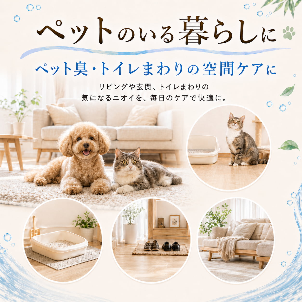 ペット臭の悩みにSALAMORE次亜塩素酸水を使うシーン